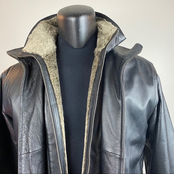 CHEROKEE Long Leather Jacket Black Zip Up Faux Fur - Picture 7 of 15